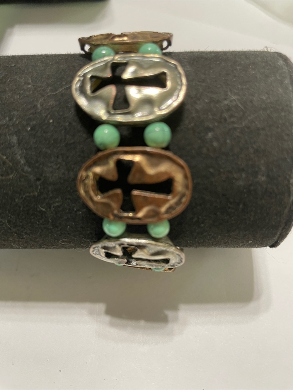 Mixed Metal Cross Accent Bracelet with Mint Beads. Crosses